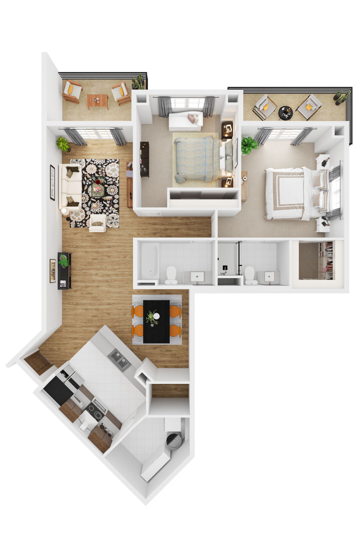 Floor plan for 2 beds, 2 baths, 1240 sqft